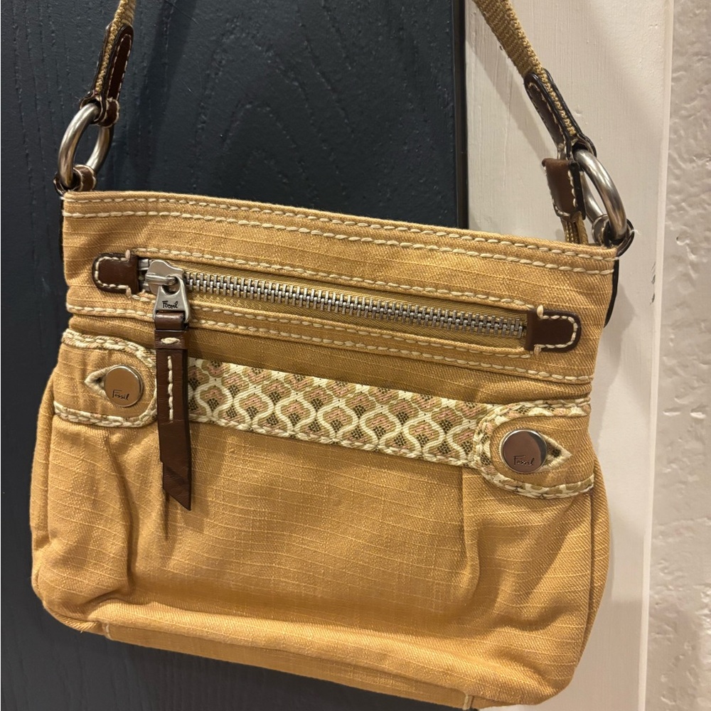 Fossil Women's Crossbody Bag Tan Canvas Floral Boho Pattern Leather Accents EUC